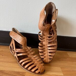 Tan Strappy Cutout Leather Sandals